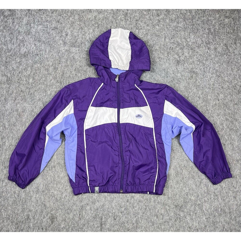 Vtg Hanes Sport Girls Windbreaker Jacket Hooded Full Zip Up Purple 90's Size 6